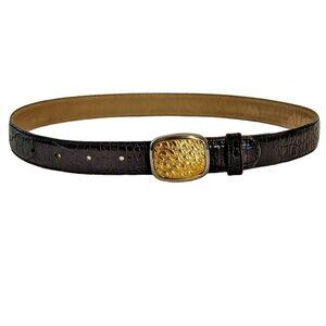 Vintage Carolee Leather Belt Gold Silver Tone Buckle Croc Metal Jeweled